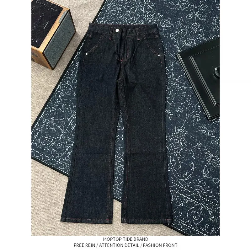 Red Bloodline Slant Button Design Jeans American Style  Micro Flared Original Jeans Youth Trend Loose Flared Pants