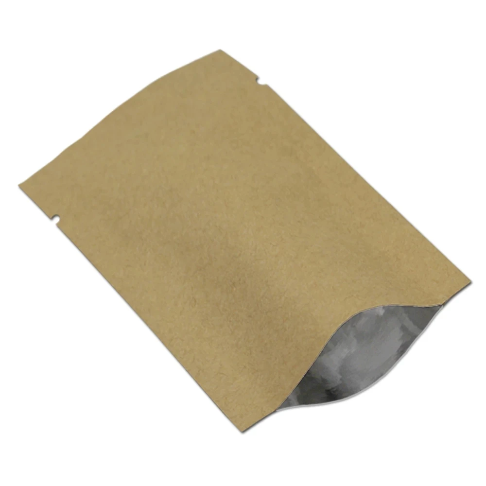 1000Pcs Brown Kraft Paper Open Top Aluminum Foil Bag Heat Vacuum Seal Tear Notch Disposable Food Chocolate Candy Tea Packing