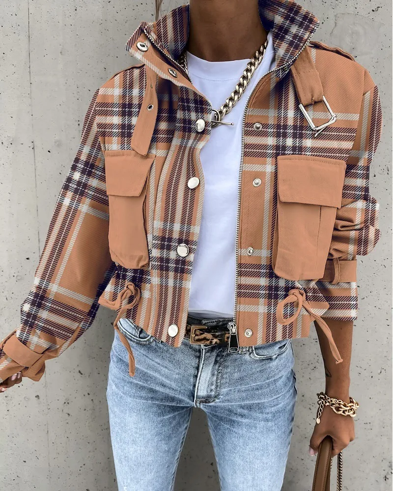 

Street Style Short Stand-up Collar Jacket Khaki Plaid Zip-up Jacket Casual Black and White Printed Long-sleeved Jacket Unisex