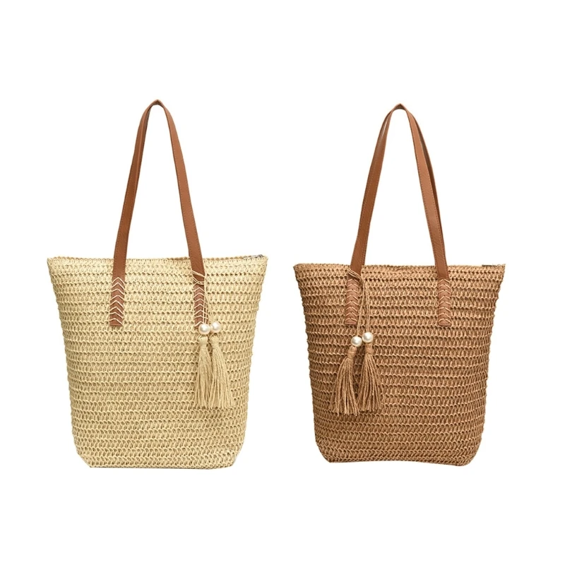 Elegant Woven Straw Shopper Bag Spacious Zippered Handbag for Beach Holiday