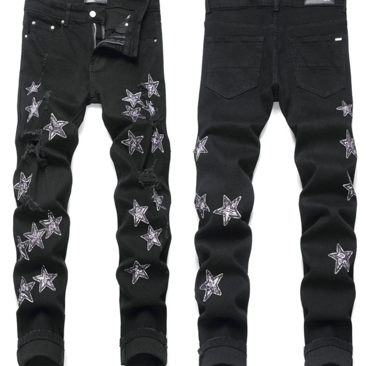 Men's Five-Pointed Star Embroidery Jeans Speckle Paint Micro Chapters High Elastic Soft Breathable Trend Abrasion Black Summer 2