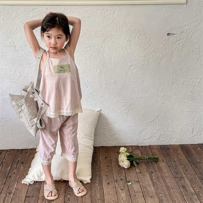 2025 Kids Summer Korean Edition Set Two-Piece Houseware Girl Hanging Strap T-Shirt + Shorts Girls Clothing Sets