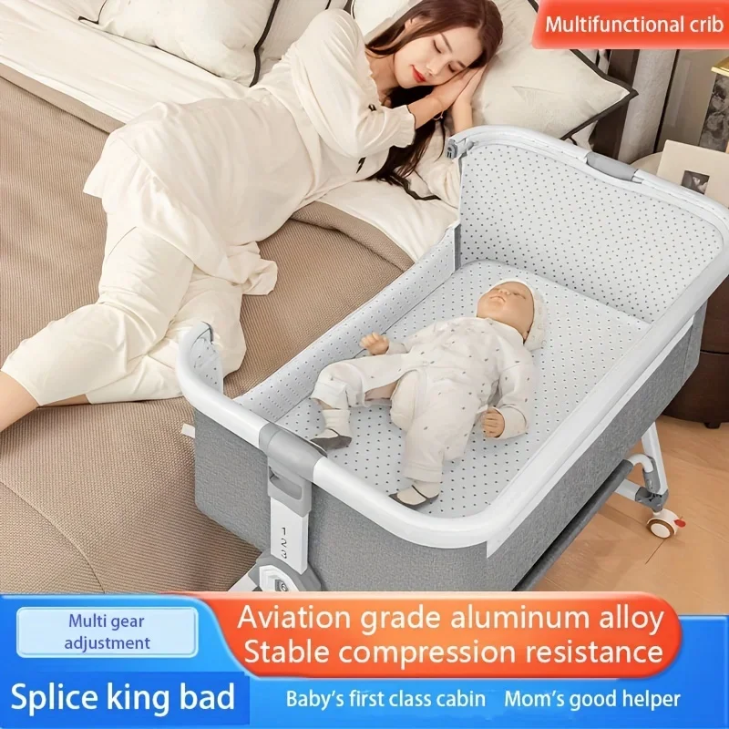 Baby Crib Portable Movable Foldable Height Adjustable Splicing Large Bed Multifunctional Baby Bedside Swing Cradle, Sleeping Bed