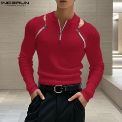 INCERUN Stylish Men's Tops Knitted Hollow Zipper Design T-shirt Casual Clubwear Male Solid All-match Long Sleeved Camiseta S-5XL
