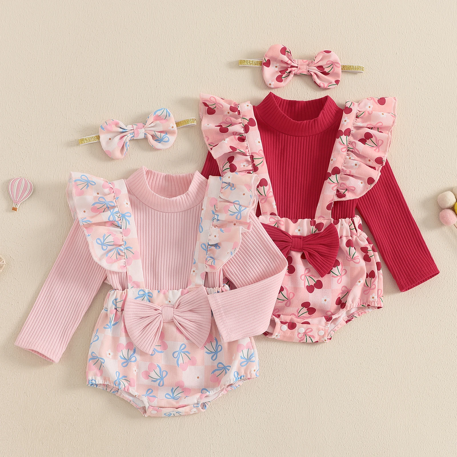 Baby Girl Fall Outfits Solid Color Long Sleeve Mock Neck Tops Bowknot Print Suspender Shorts Headband 3Pcs Clothes Set