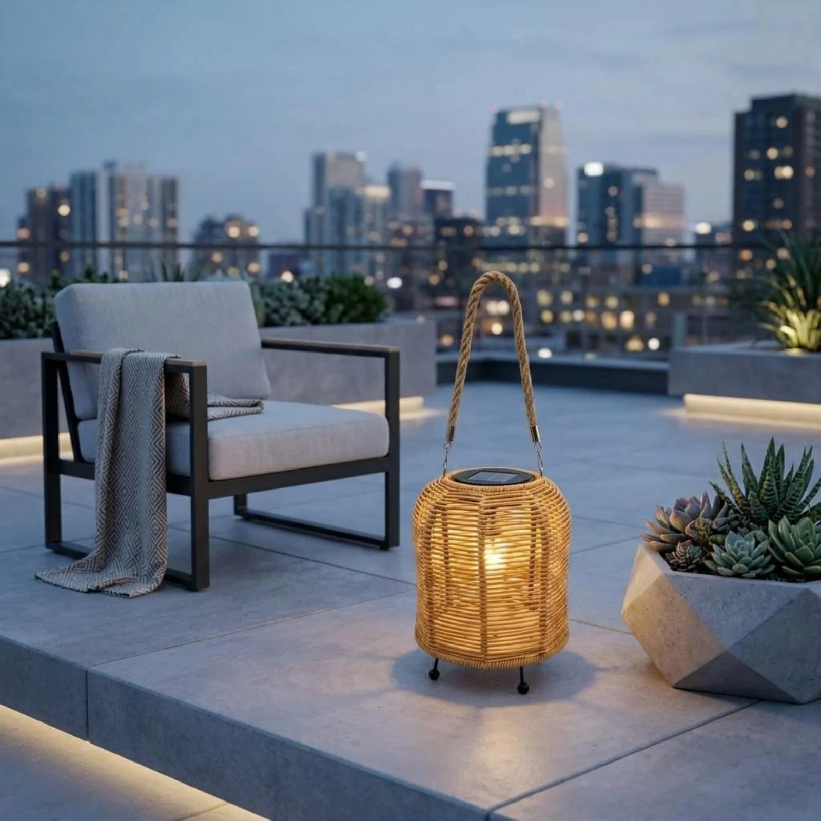 Handwoven Solar Lantern Braided Rope Handle Handwoven Rattan Lantern Solar Hanging Light Rechargeable Battery Outdoor Decoration view 5