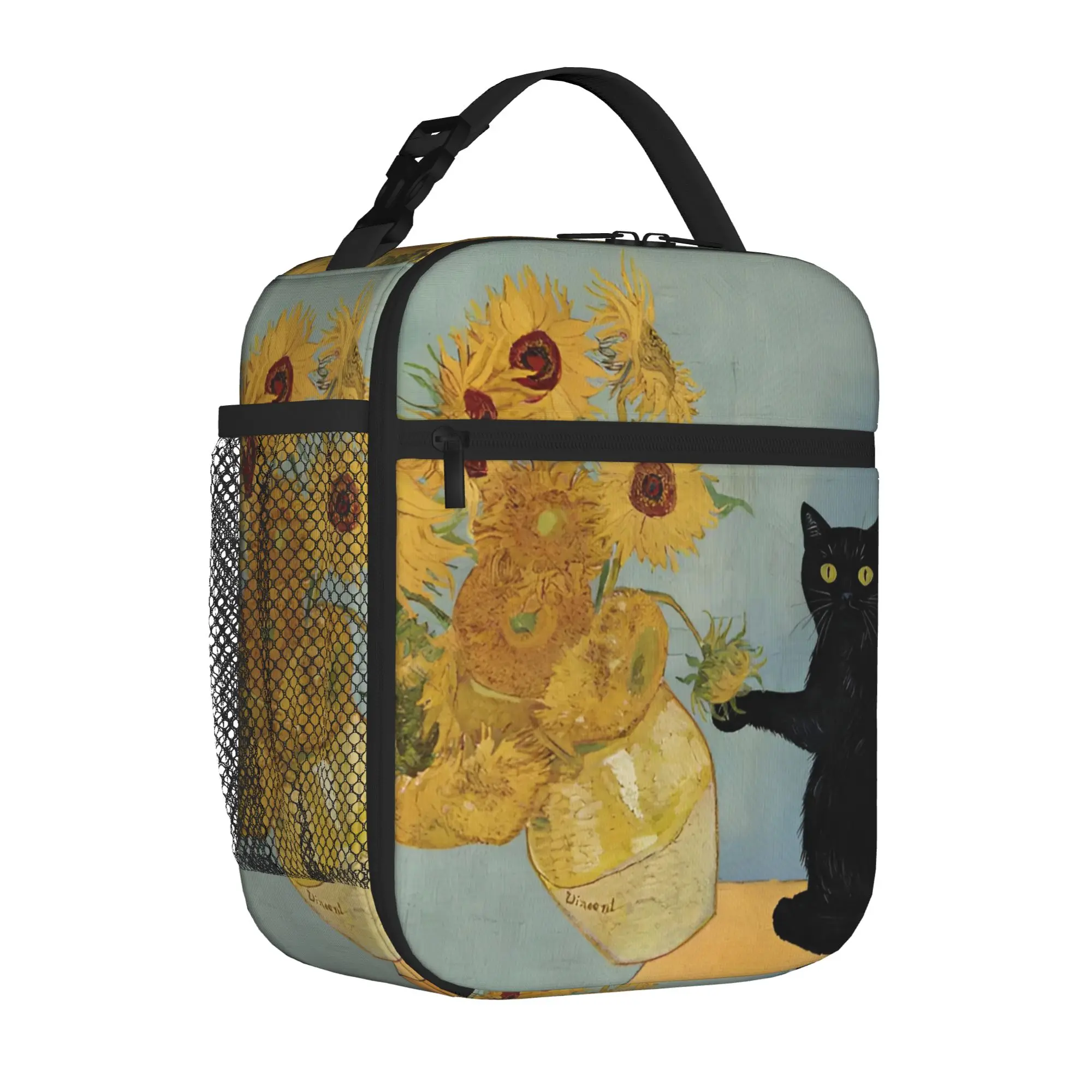 Van Gogh Sunflowers Cat Funny Insulated Lunch Tote Bag for School Office Oil Painting Portable Thermal Cooler Men Women Food Bag