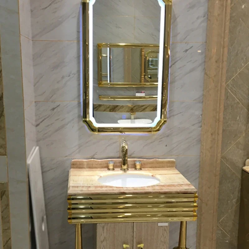 Neoclassical stainless steel bathroom cabinet combination waterproof marble washbasin