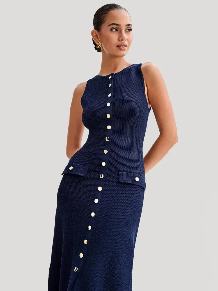 CPSYMYM Elegante Lady lavorato a maglia monopetto abiti lunghi donna solido senza maniche o collo bottone aderente partito abiti femminili