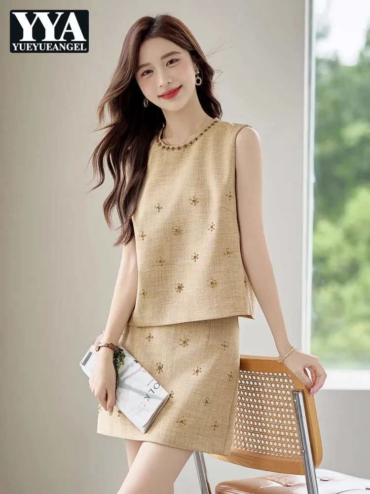 

Женские летние модные комплекты с блестками и бисером, короткий топ без рукавов с круглым вырезом, рабочая женская юбка длиной выше колена, соответствующий комплект