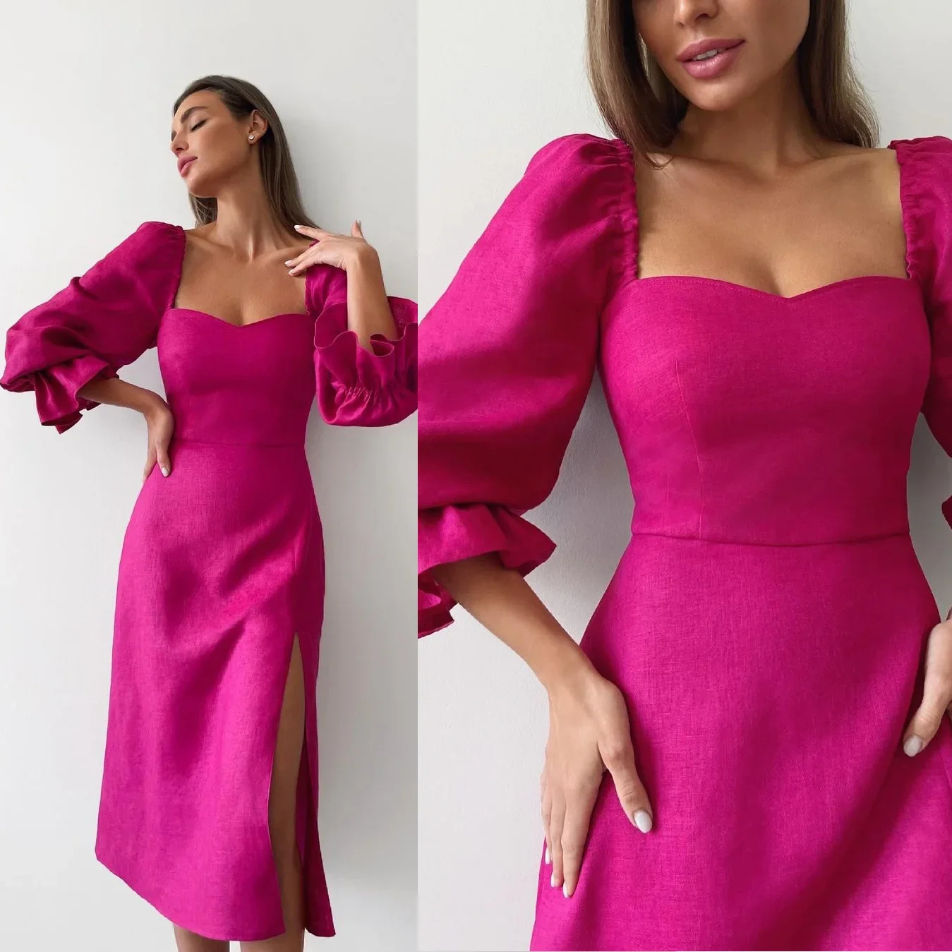 Women's S-XL Size European and American Autumn New One line Neck Princess Sleeve Dress INS Women's Casual Split Dress