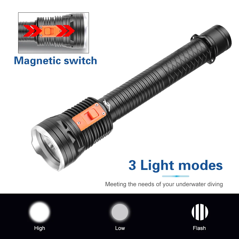 Asafee 50M Underwater Diving Flashlight P70 LED 2500LM Magnetic Switch Scuba Torch 300M Range Lantern IPX8 Waterproof Lamp