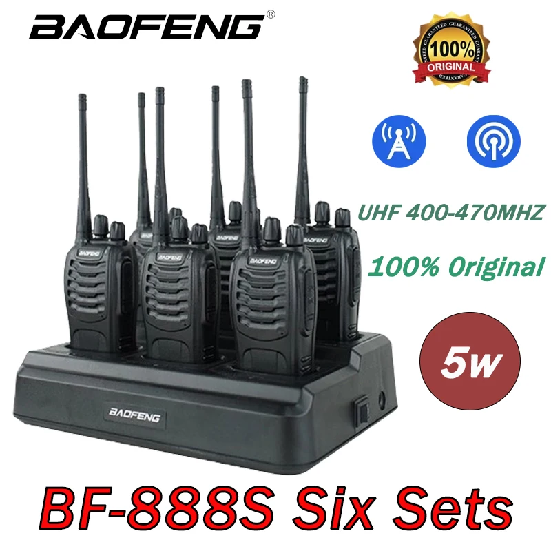 Baofeng-BF-888S Walkie Talkie Portátil Dual Band, Long Range, Standby, Ham Rádio em Dois Sentidos para Caça, 5W, 4A, UHF, 400-470MHz, 6 Embalados