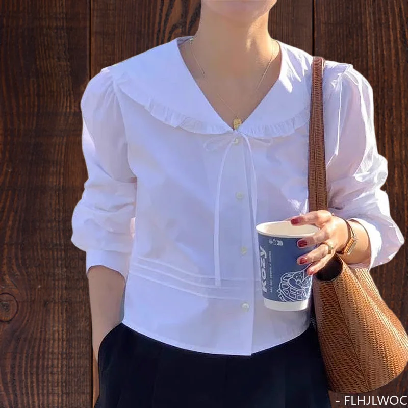 

Ruffles Peter Pan Collar 2024 Spring Basic Wear Women Single Breasted Button Solid Ribbon Short Crop Top White Shirts Blouses
