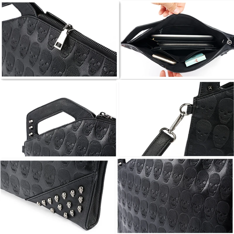 Rebite crânio bolsa de embreagem dos homens bolsas design de moda embreagens dos homens envelope saco de ombro couro do plutônio bolsa de embreagem