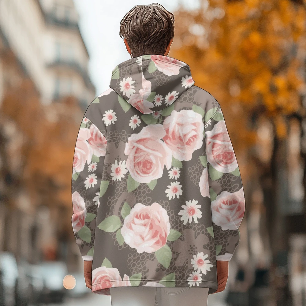 Man winter clothing, New in Down Coats, Unique brown graffiti flower cotton-padded jacket clothing, feather print pocket zipper