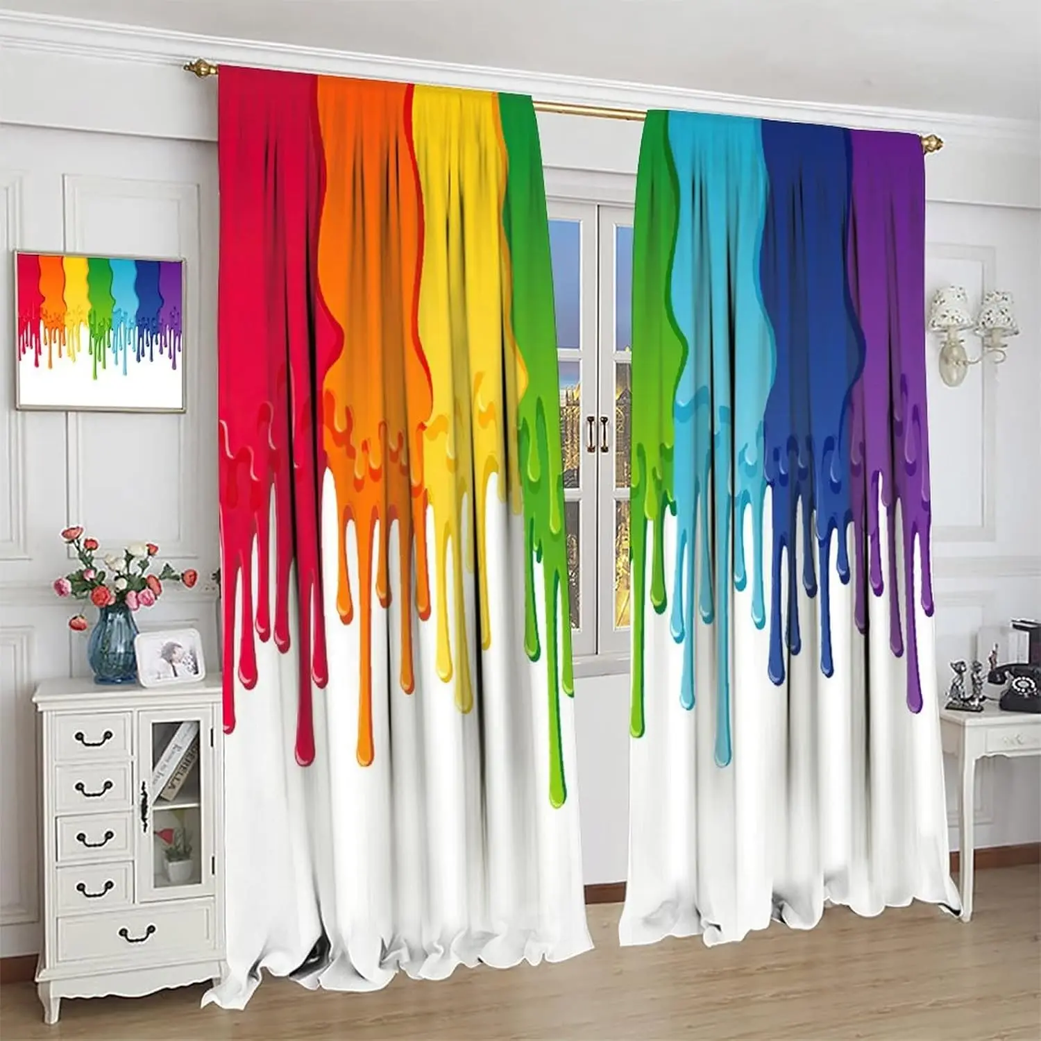 Abstract Rainbow Blackout Window Curtains,Rainbow Colored Paint with Leaking Splattered Drops Creative Graphic Design Rod Pocket