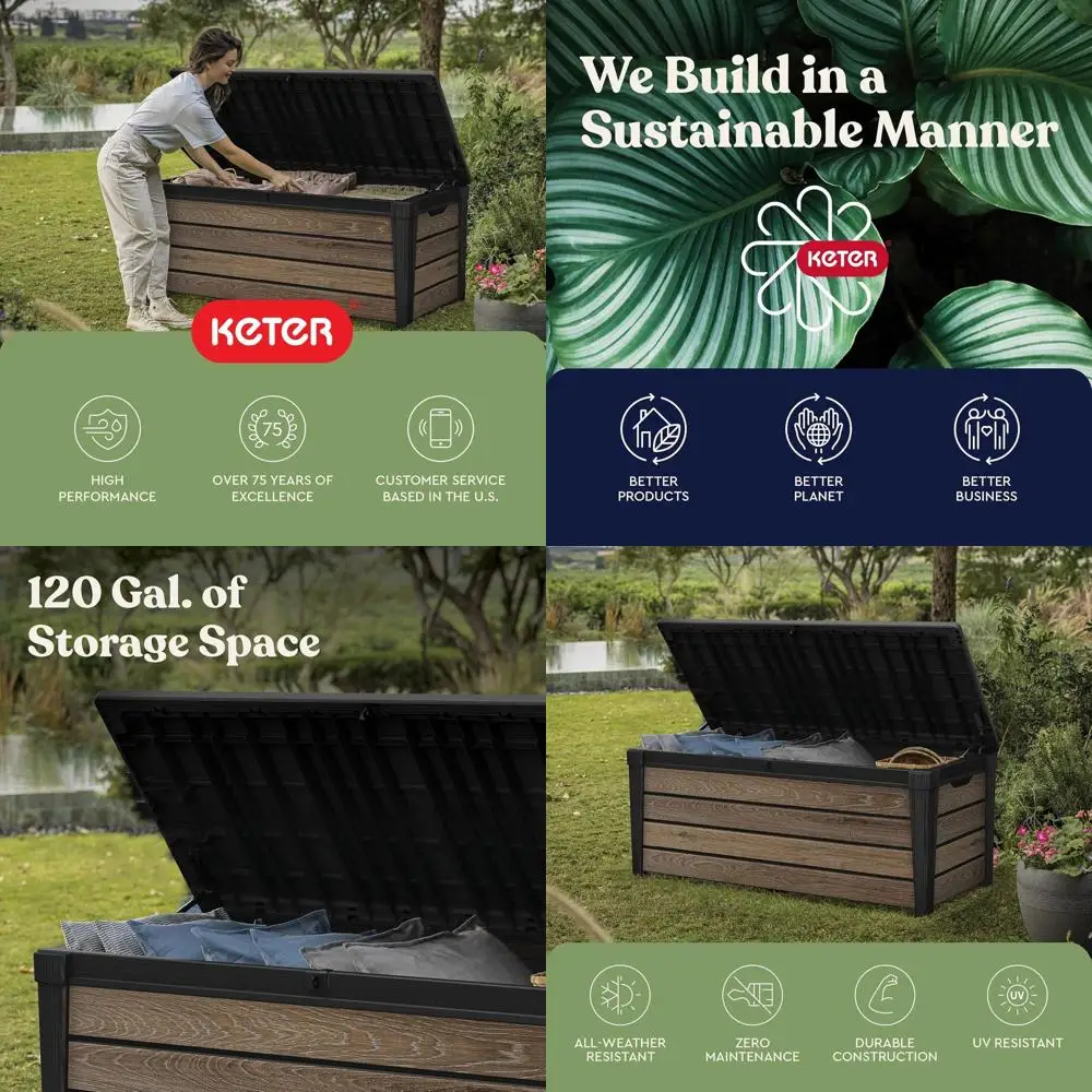 Kotak Penyimpanan Resin 120 Galon untuk Bantal Luar Ruangan, Alat Berkebun, dan Aksesori Kolam Renang dalam Warna Walnut.