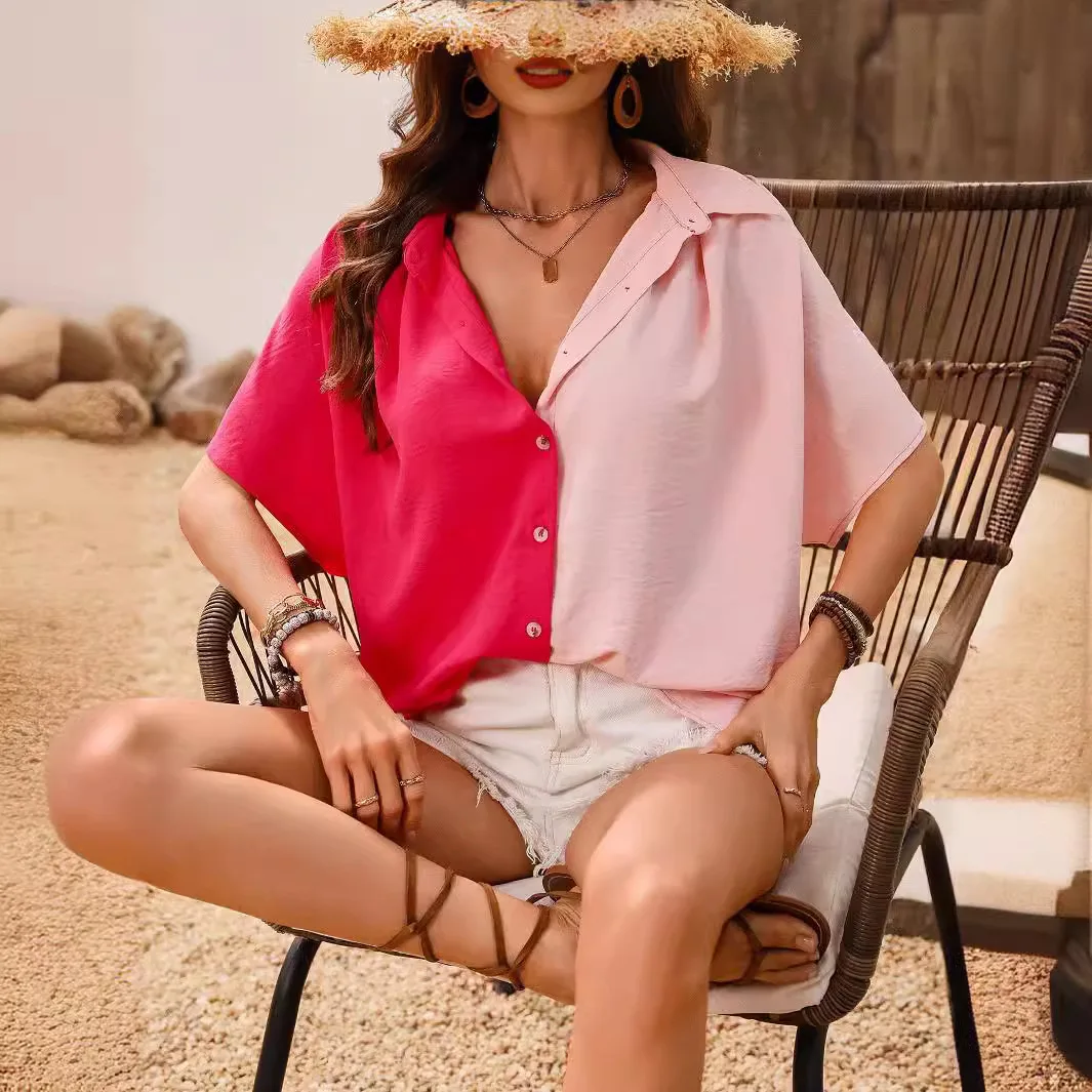 อเมริกันยุโรปใหม่แฟชั่น 2025 ฤดูร้อนผู้หญิงสบายๆอินเทรนด์แขนสั้น Turn-Down COLLAR รหัสสีเสื้อหญิงเสื้อ