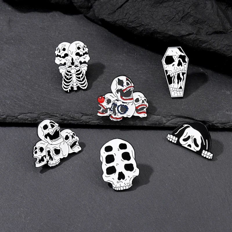 Death Skull Enamel Pins Custom Black Skeleton Brooches Lapel Badges Gothic Punk Hip-hop Jewelry Gift for Friends