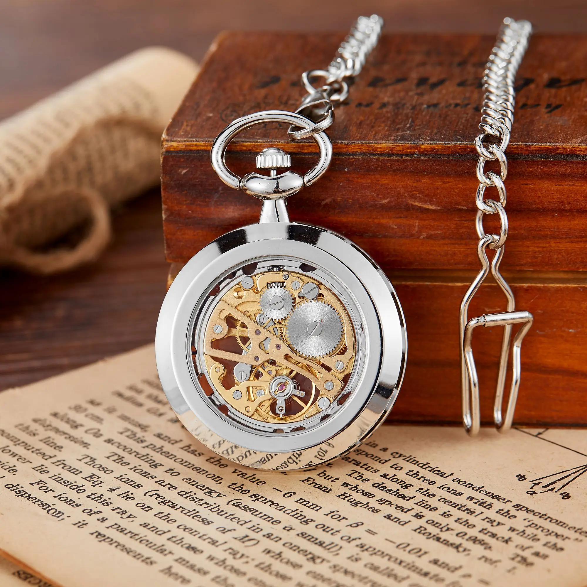 Retro Steampunk Skeleton Mechanical Fob Pocket Watch Clock Necklace Pendant Hand-Winding Men Women Chain Gift