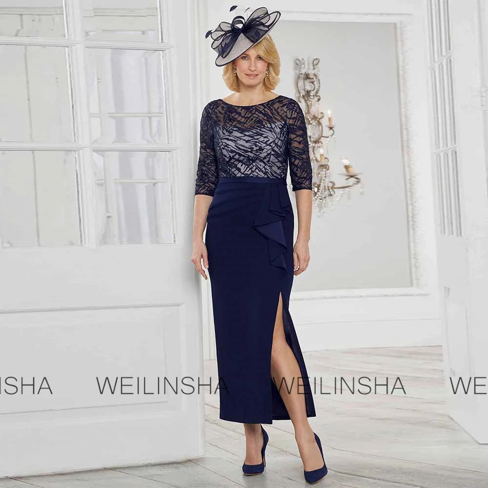 Guest Wedding Party Dresses Crepe Fabric Sheath/Column Prom Dress Navy Blue O-Neck Lace Ruffles Side Split Groom's Mother Dress