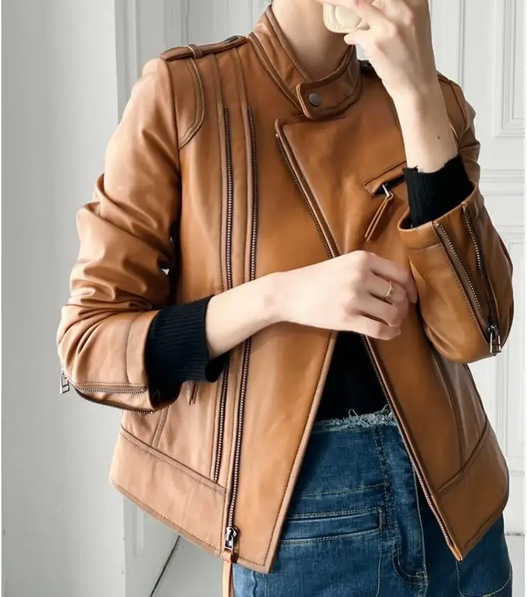 YR!Free shipping.2025 fashion women real leather jacket.Street soft sheepskin outwear.Slim fit leather coat.Rider leather cloth