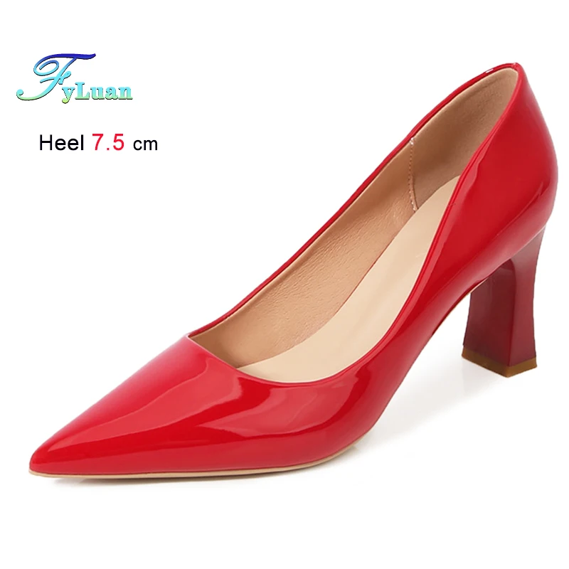 

Новые классические красные женские туфли на высоком каблуке 7,5 см, туфли на грубом блочном каблуке с острым носком, женские туфли-лодочки из лакированной кожи, элегантная обувь для вечеринок