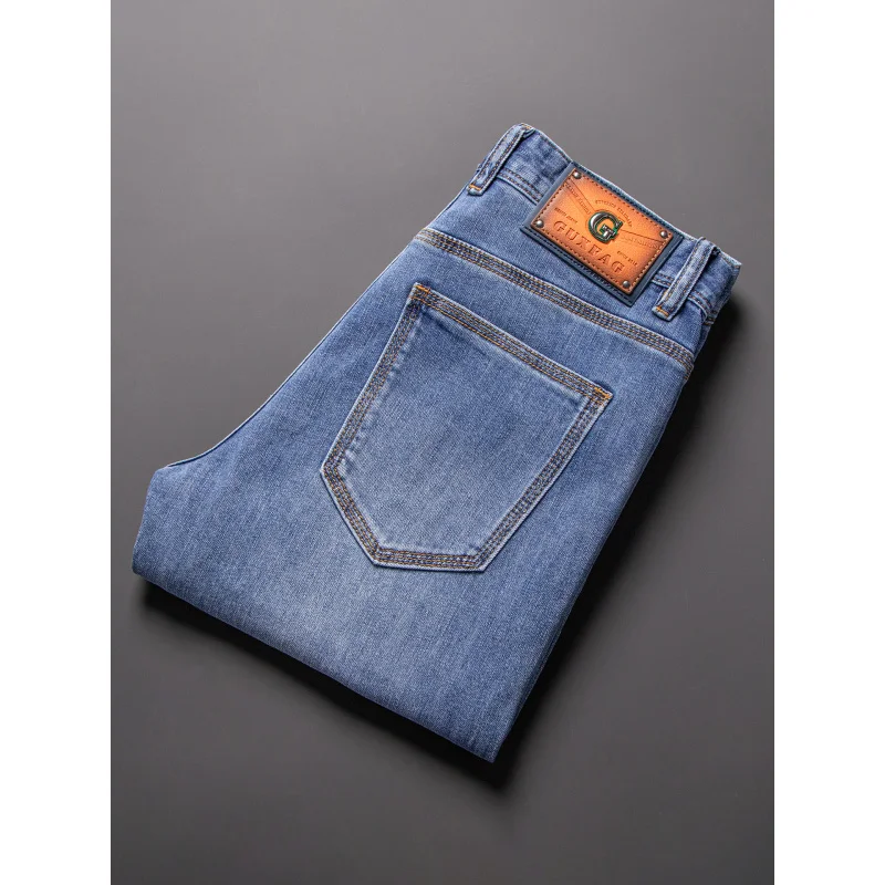 Celana jeans pria minimalis klasik, modis musim panas, ukuran kecil, elastis, celana cropped mewah ringan kelas atas