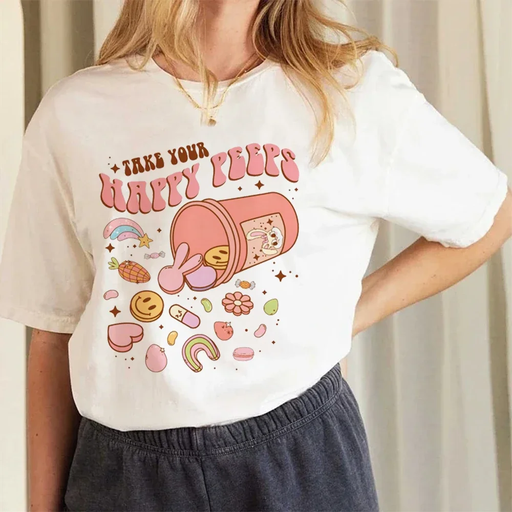 Print Take Your Happy Peeps Funny Easter Pills Casual T-Shirt Summer O-Neck Style Cartoon Pattern Basic Harajuku Fashion T-Shirt