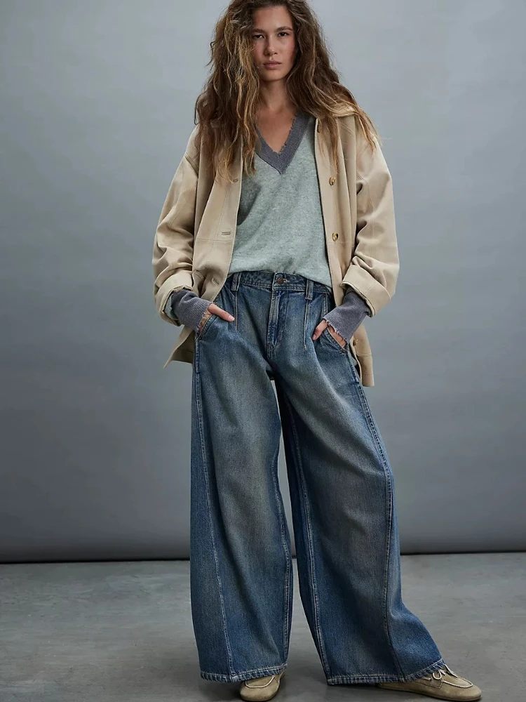 

Американский стиль, потертые широкие джинсы длиной до пола, женские мешковатые джинсы Y2k, джинсовые брюки в стиле Харадзюку, винтажные свободные прямые длинные брюки