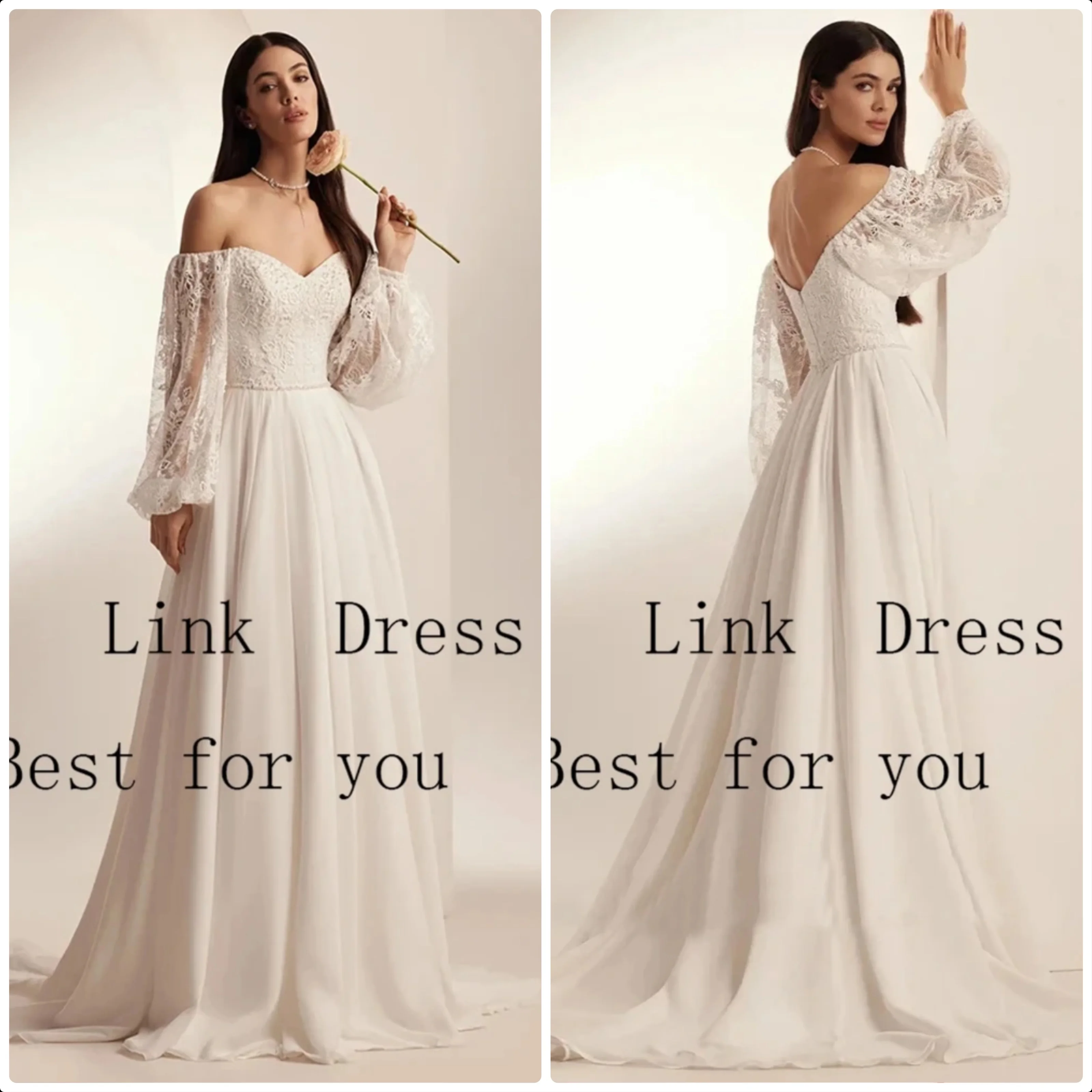Elegant A Line Wedding Dresses for Ladies Elegant Strapless Bridal Gowns with Lace Exquisite Full Sleeve Vestidos De Novia New