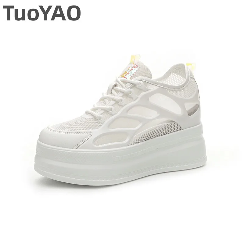 9Cm Air Mesh Ademende Echt Lederen Air Mesh Casual Platform Sneakers Dikke Hak Vrouwen Zomer Schoenen Sapatos Femininos