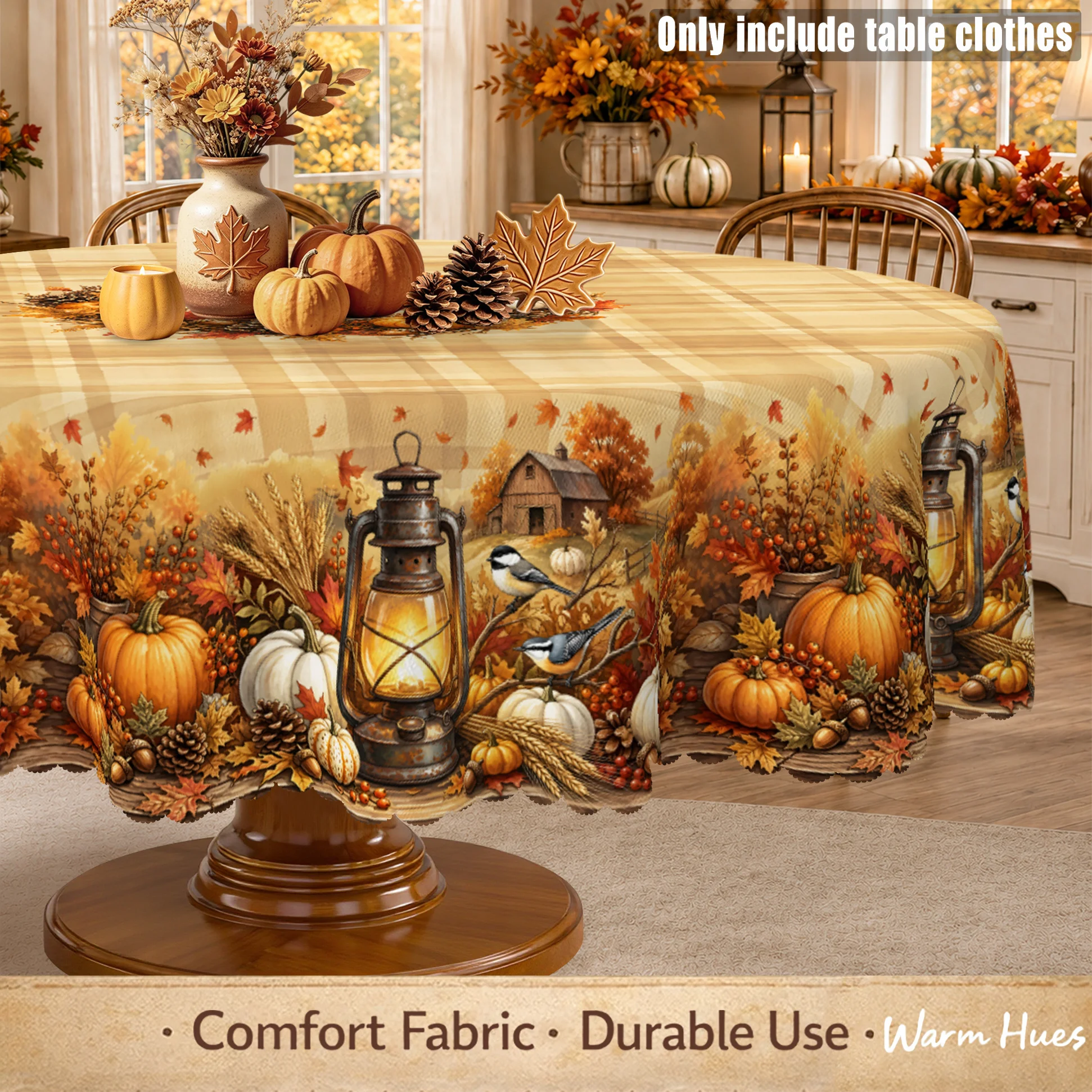 One vintage autumn harvest tablecloth with pumpkin, maple leaf, lantern, pinecone and bird prints, buffalo check pattern.