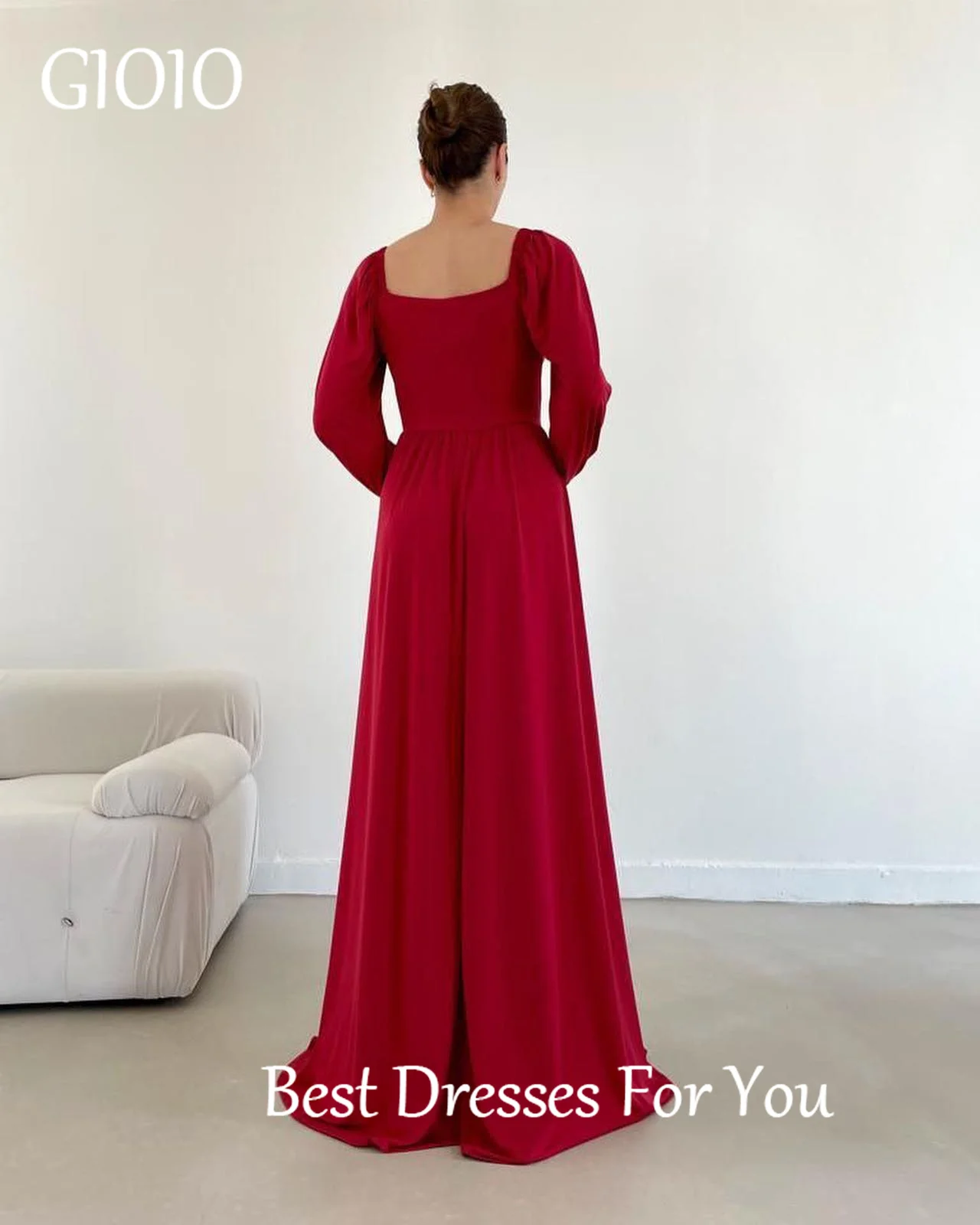 GIOIO V-Neck Luxury Formal Evening Dress Simple Red Long Sleeves فساتين سهرة  Floor Length Elegant Prom Growns Party Women