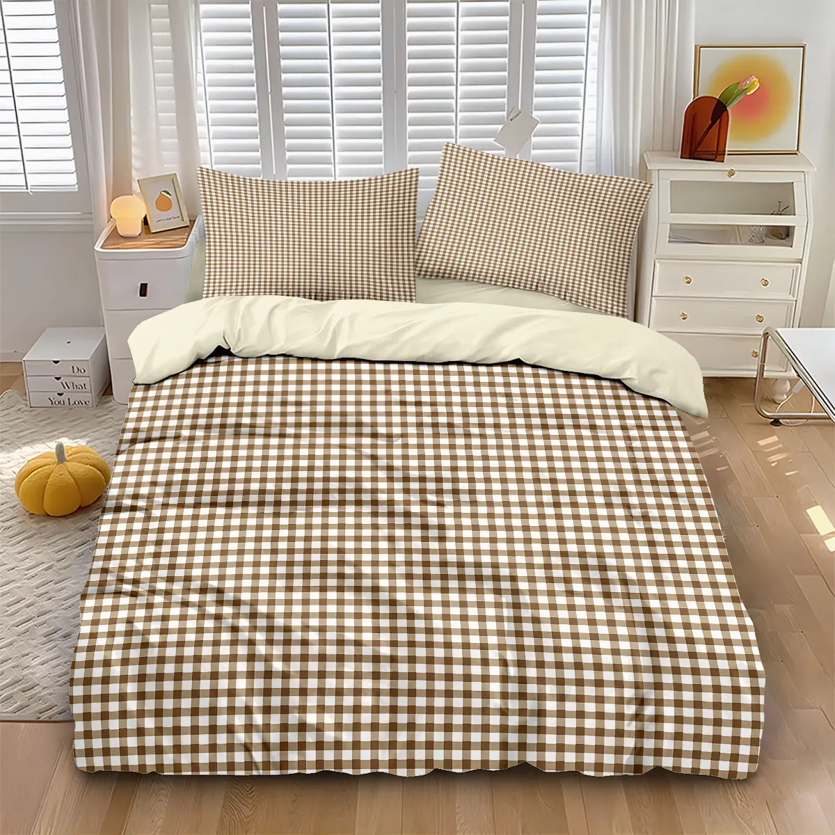3pcs Grid Style Minimalist Printed Coreless Down Duvet Cover Set, Multi Size Bedding Decoration, Machine Washable