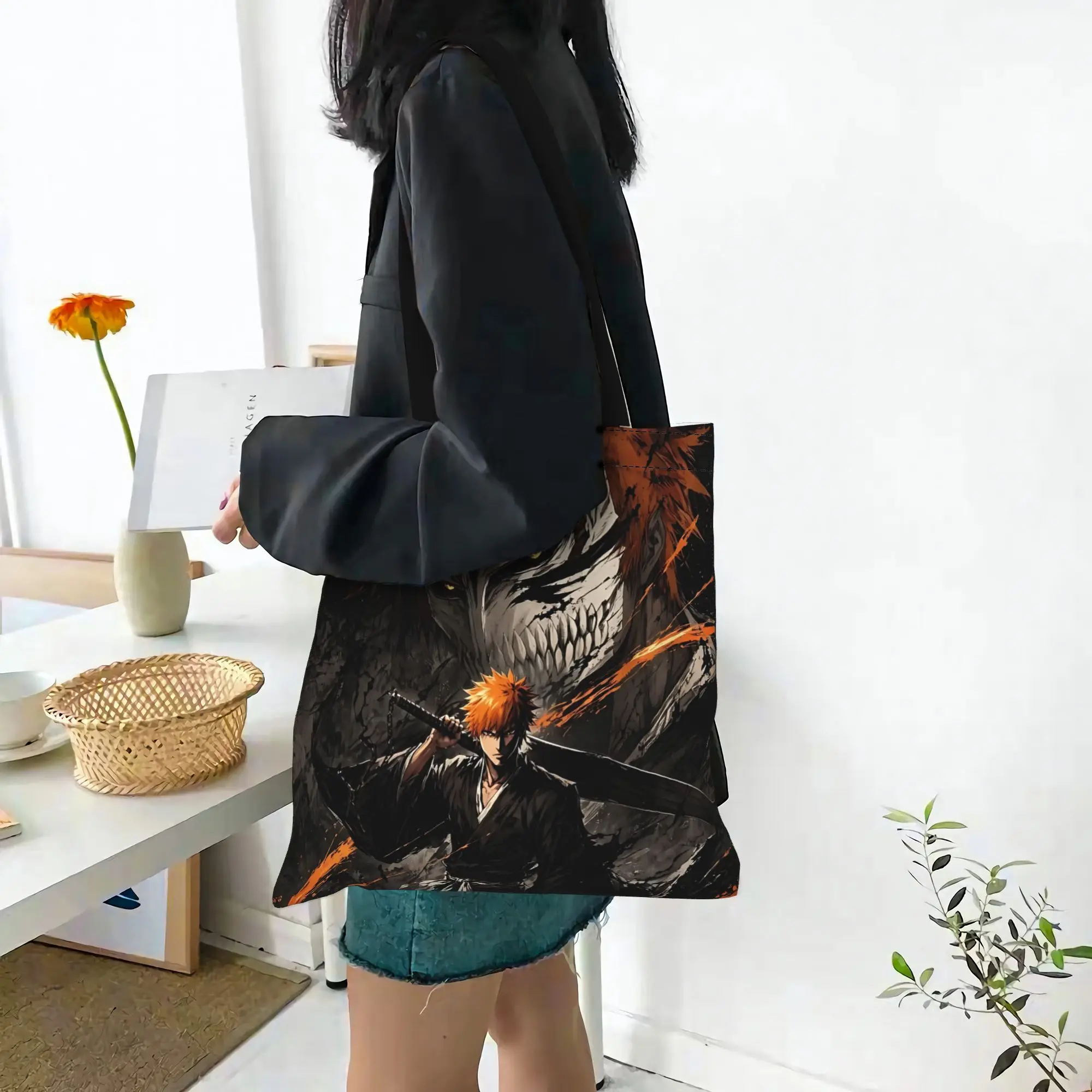 Customized Bleach Anime Women's Bag Campus Handbag Large Capacity  Canvas Tote Bag Foldable Chic Pattern
