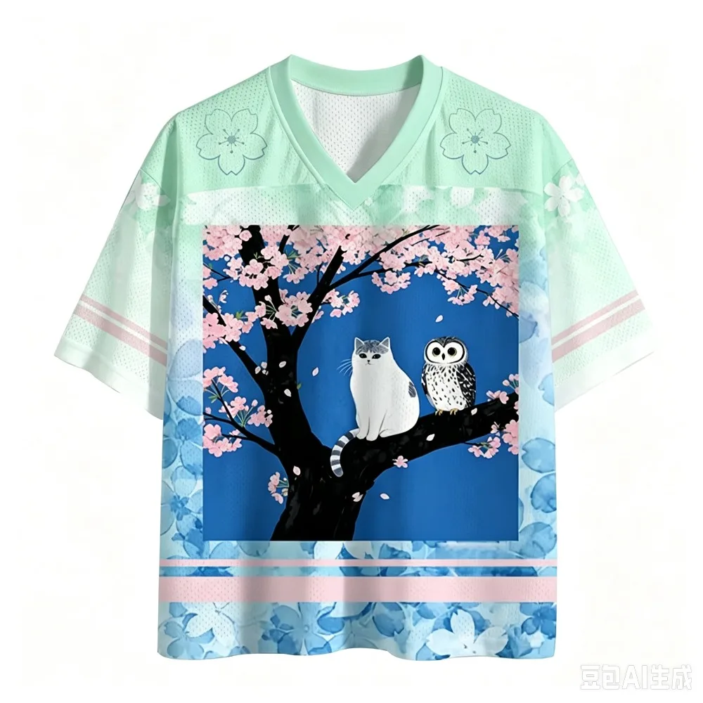Katze, Eule, Kirschblüte, 3D-Druck, Herren- und Damen-T-Shirt mit V-Ausschnitt, lässig, locker, atmungsaktiv, Street-Hip-Hop-Trend, kurzärmeliges Oberteil. – Detail 4