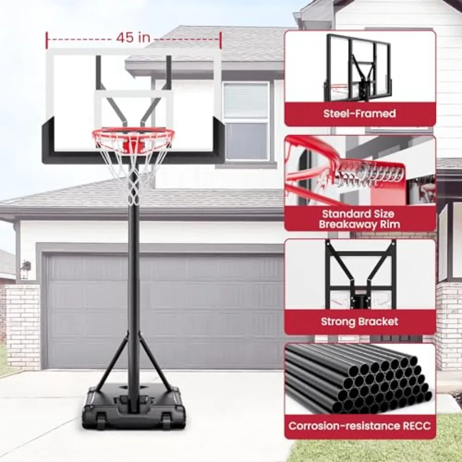Portable Basketball Hoop with Adjustable Height for Outdoor and Indoor Use Featuring a 45-Inch Heavy-Duty Steel Frame Backboard