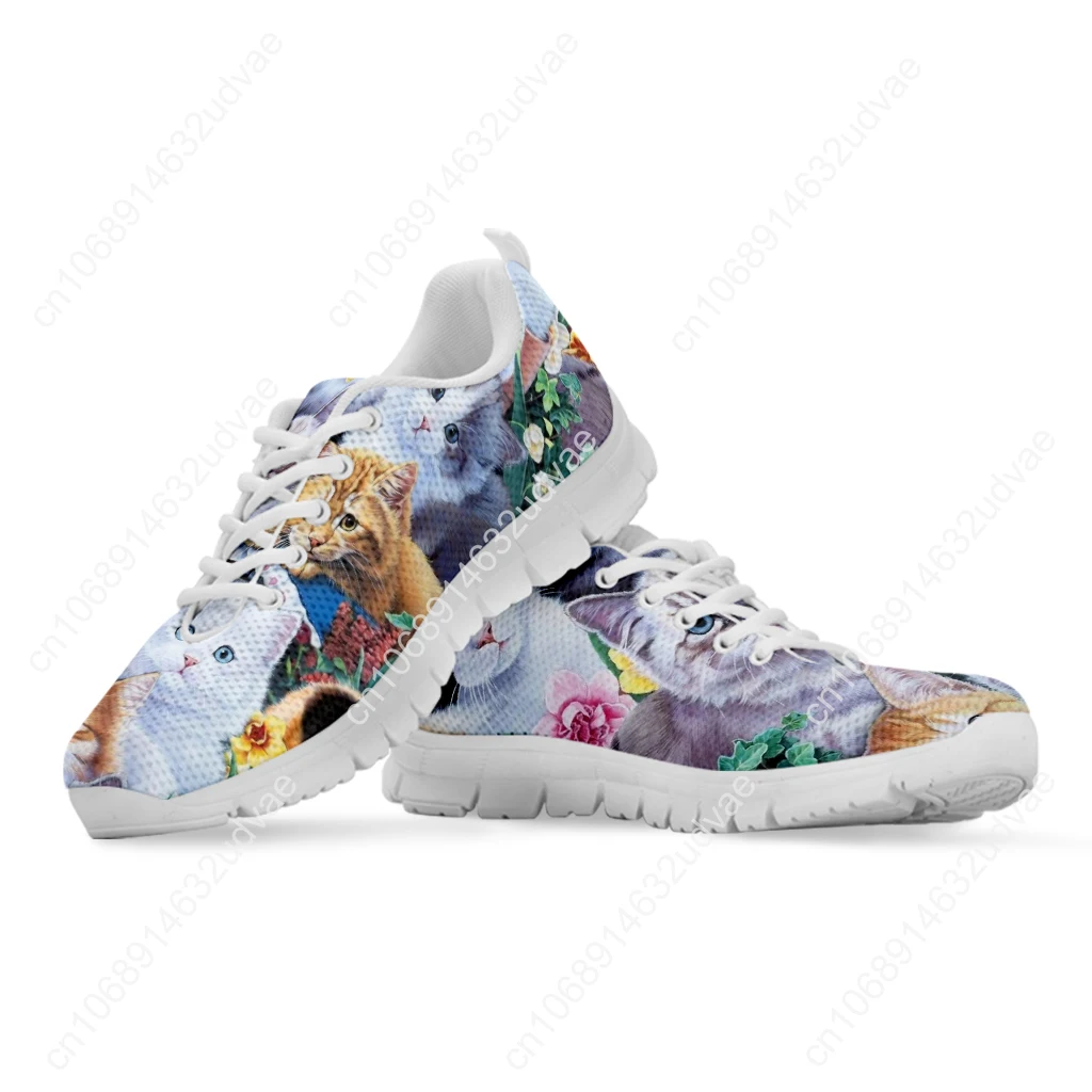 Women's Cat Print Shoes Cartoon Cat Comfortable Breathable Fashion Sneakers Gift For Cat Lovers White Casual Shoes