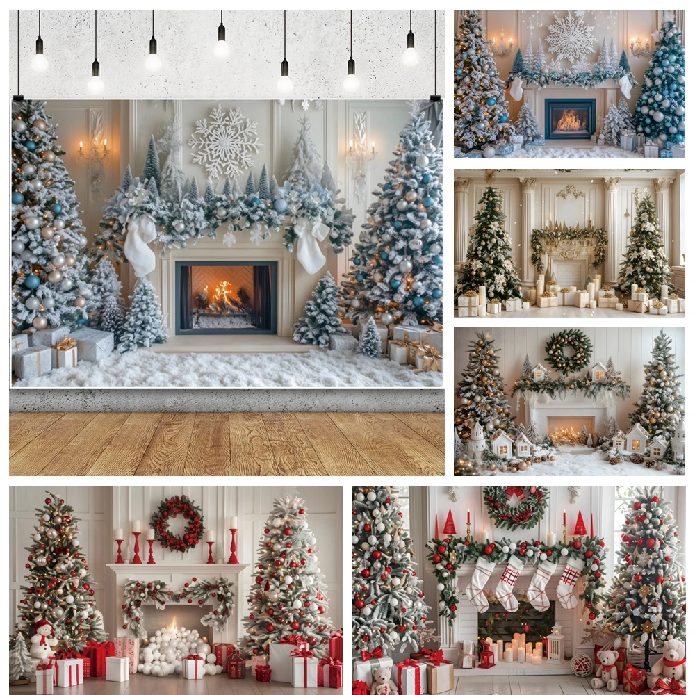 White Christmas Fireplace Photography Background Xmas Trees Wreath Gift Christmas Family Party Decoration Backdrop Studio Props﻿