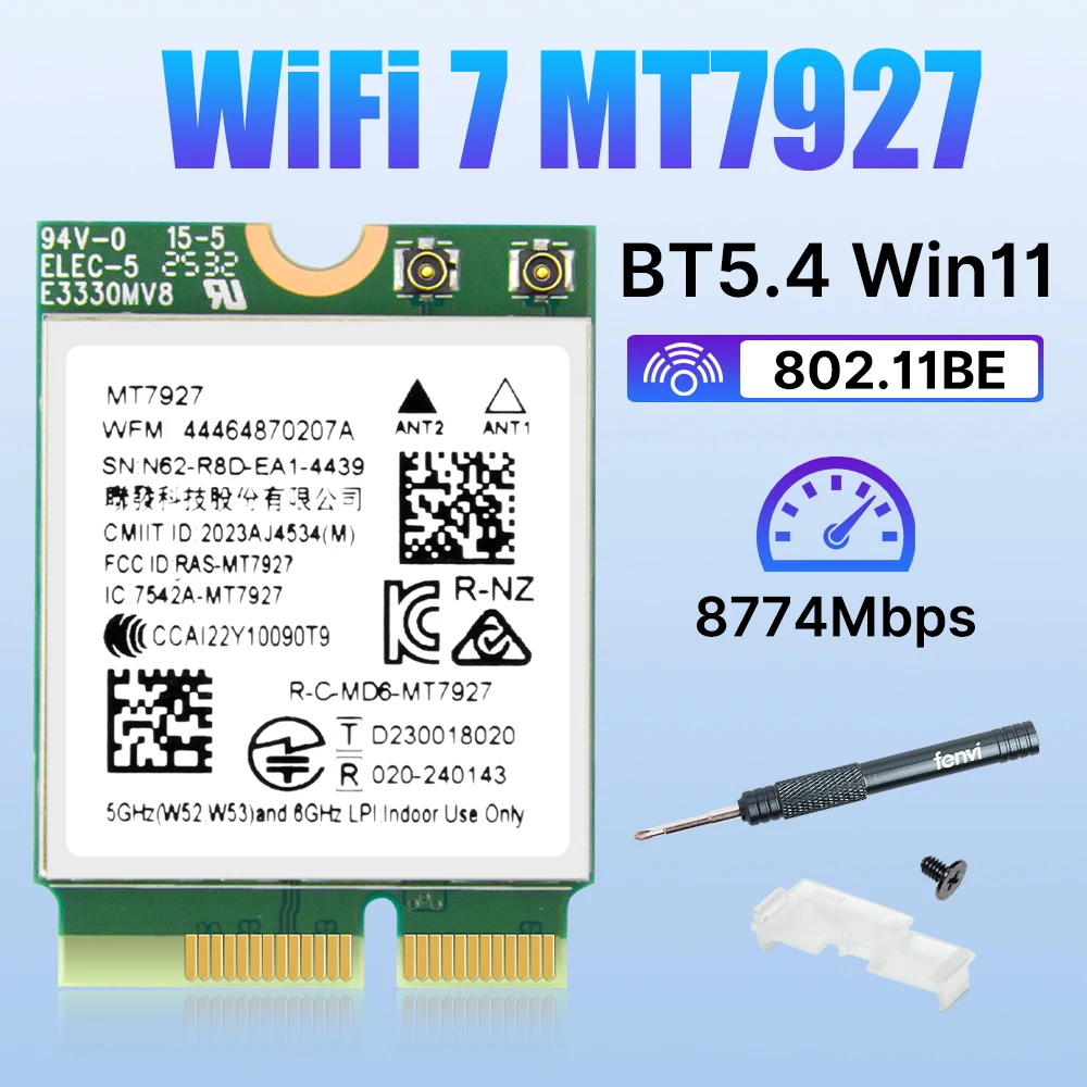 

WiFi 7 MT7927 Wireless WiFi Card 8774Mbps Bluetooth 5.4 M.2 Key E Tri-Band 2.4G/5G/6G Network Adapter For Win 11