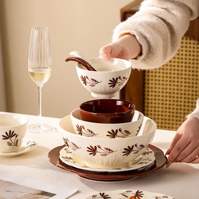 

HYS high-end ceramic tableware, dish set, antique household bowl, dish combination plate, soup bowl, underglaze color rice bowl