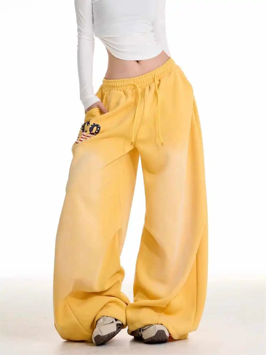 

New Y2K Streetwear Yellow Track Pants Women Harajuku Hippie Wide Leg Sweatpants Oversize Vintage Dog Printed Joggers Trousers