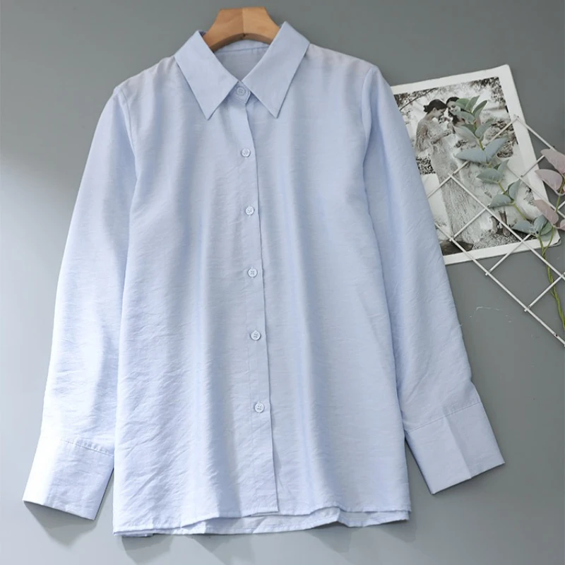 Primavera outono elegante blusa feminina fina 2025 novo azul manga longa único breasted coreano casual solto senhora do escritório camisa feminina