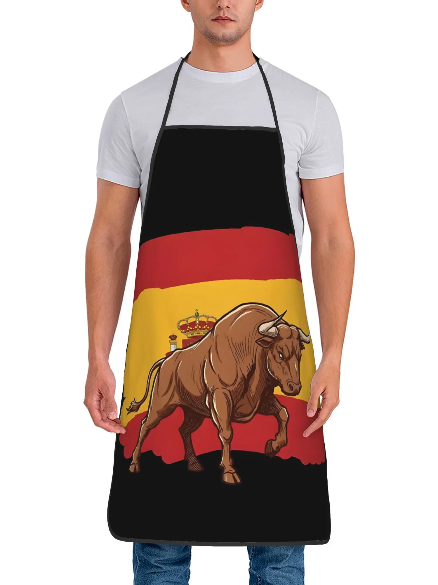 Delantal de Cocina Español con Diseño de Toro – Fondo de Bandera Roja y Amarilla, Poliéster Impermeable, Regalo Unisex para Cocina y Barbacoa
