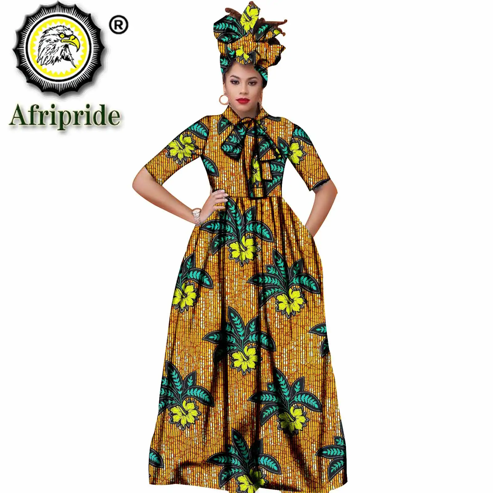Women Maxi Dress African Ankara Print Dresses and Headwrap 2 Piece for Women Short Sleeve for Party Wedding Evening S1925121