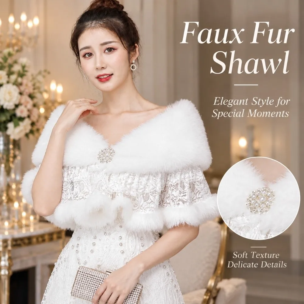 Fashion White Faux Fur Shawl Pearl Button V-Neck Fur Collar Mantelet Lace Trim Bridal Wrap Cape Wedding Accessories