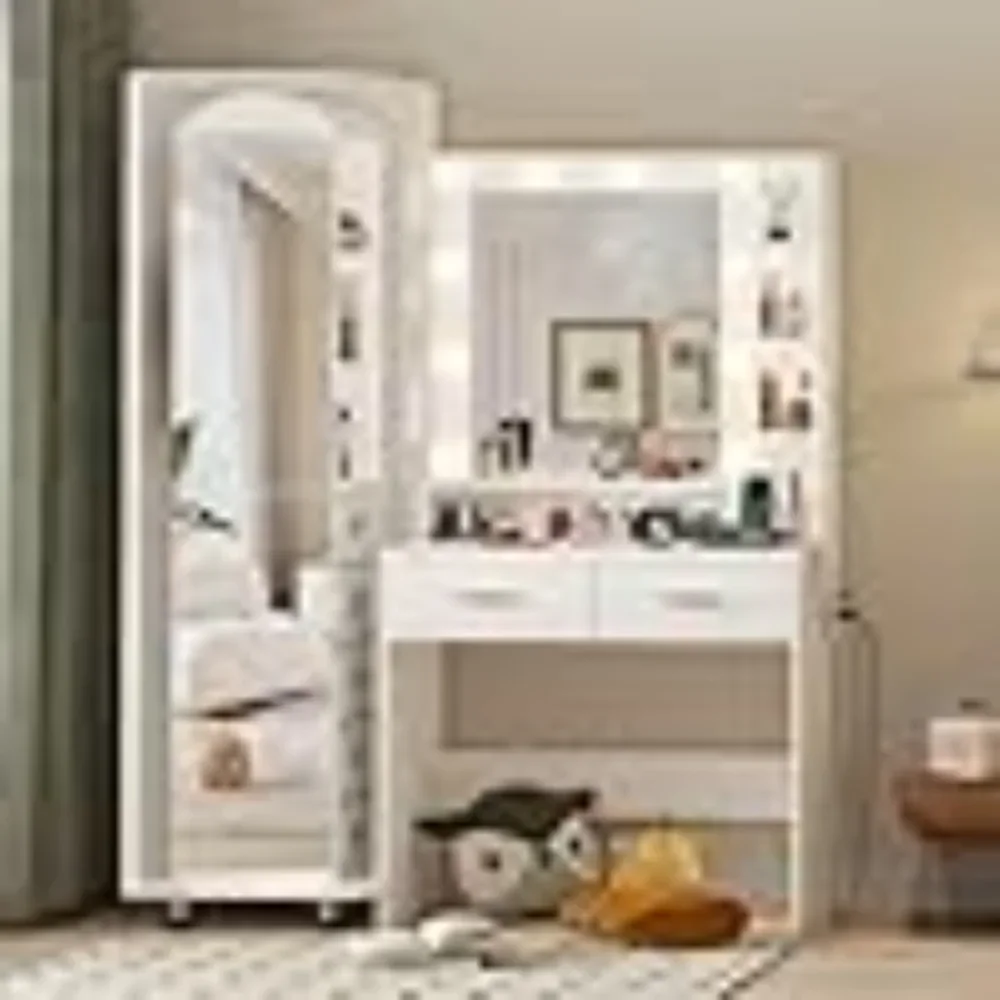 

White Makeup Vanity Desk with Mirror and Lights, Large Vanity Table Set with Charging Station, Dressing Table with RGB Cabinets