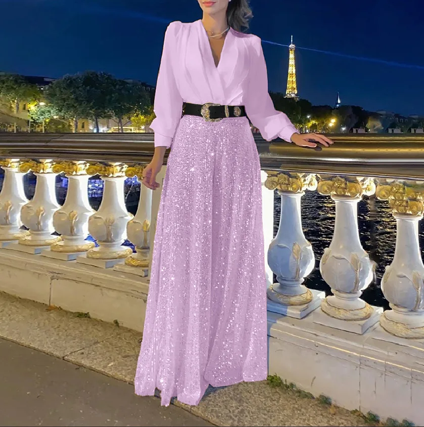 jumpsuit Women Spring Autumn, High-end V-neck Long Sleeved Shirt, Elegant Temperament, Cinched Waist, Sequins, French Wide Legs